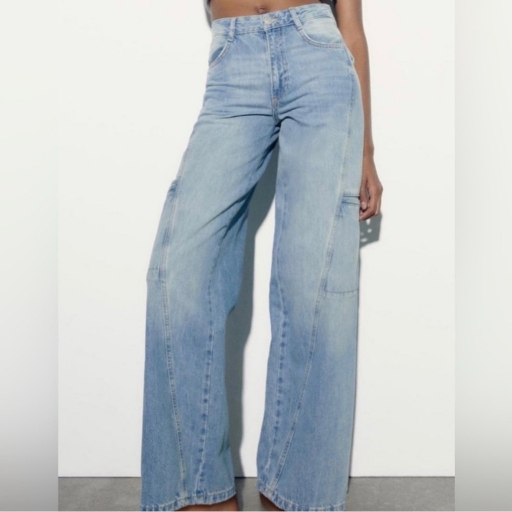 ZARA Women Cargo Side Pocket Denim Wide Leg Pants Sz US 4
Blue